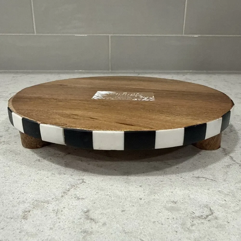 Checkered Black & White Enamel Inlay Wood 9” Round Table Scape Tray Riser NEW